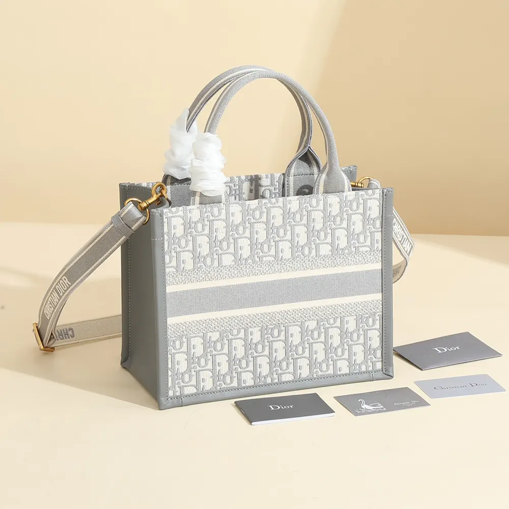 Side angle showing silver hardware on Dior Women Small Dior Book Tote