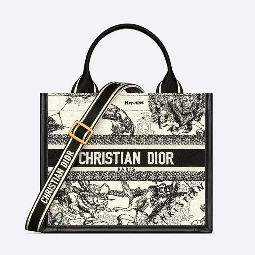 Front view of Dior Women Small Dior Book Tote Latte and Black Dior Zodiac Embroidery