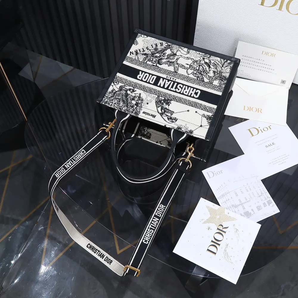Dior Women Small Dior Book Tote Latte and Black Dior Zodiac Embroidery with Black Calfskin - image 5