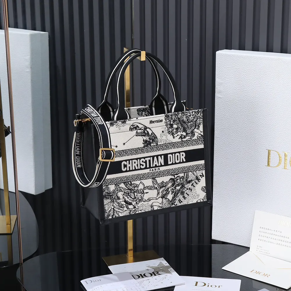 Close-up on Zodiac embroidery detail of Dior Women Small Dior Book Tote