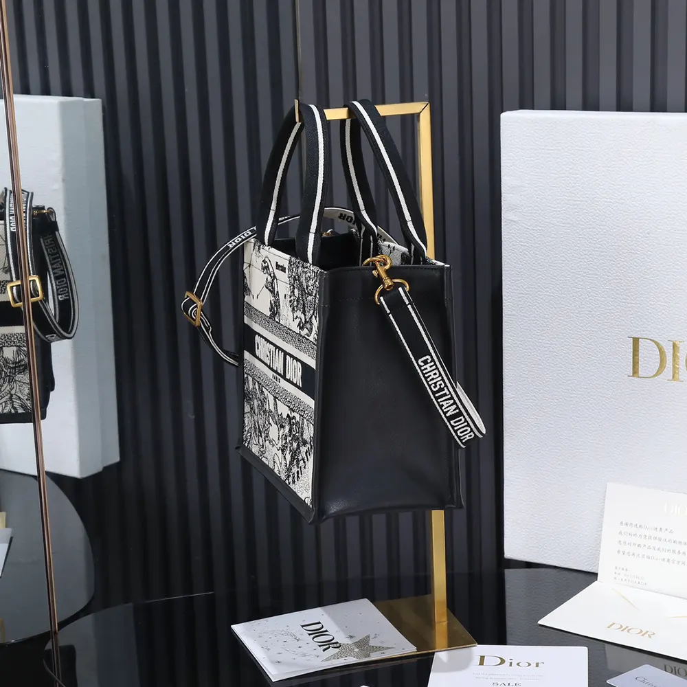 Dior Women Small Dior Book Tote Latte and Black Dior Zodiac Embroidery with Black Calfskin - image 4