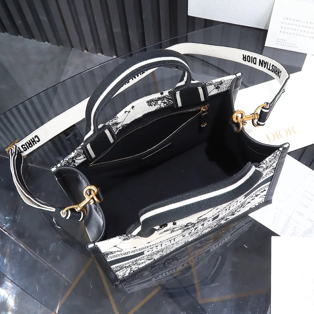 Dior Women Small Dior Book Tote Latte and Black Dior Zodiac Embroidery with Black Calfskin - image 8