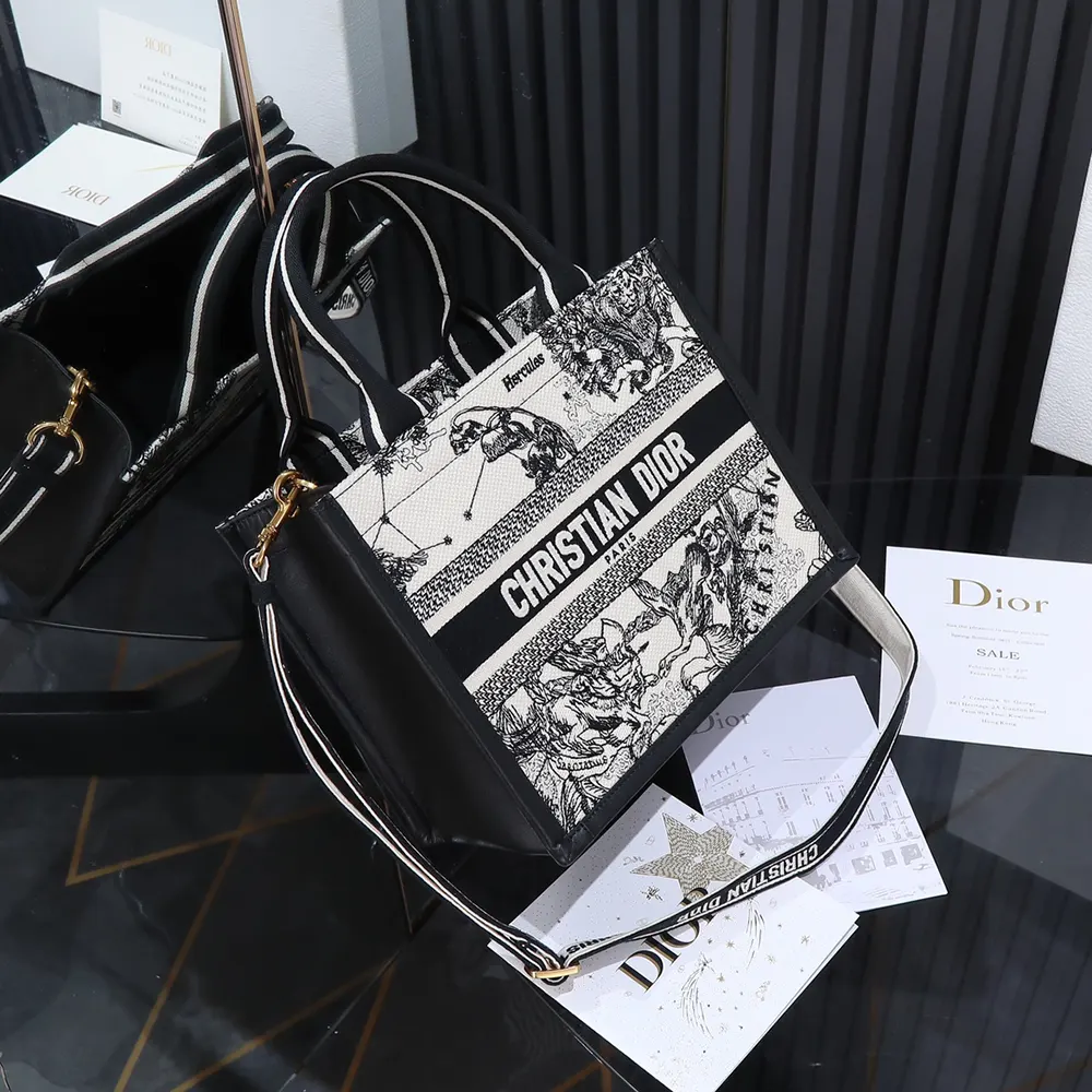 Dior Women Small Dior Book Tote Latte and Black Dior Zodiac Embroidery with Black Calfskin - image 6