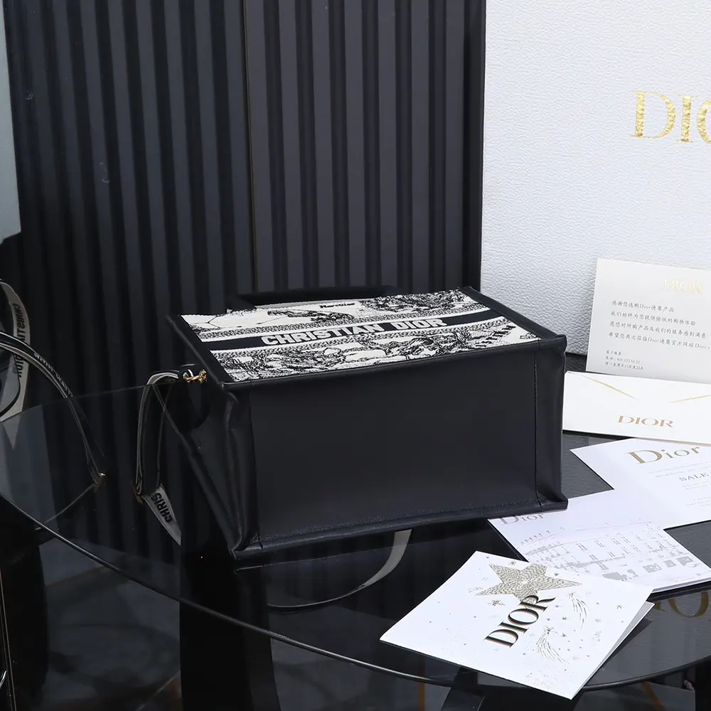Dior Women Small Dior Book Tote Latte and Black Dior Zodiac Embroidery with Black Calfskin - image 7