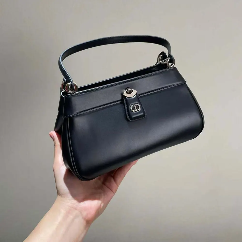Close-up of silver Dior charm on black calfskin bag