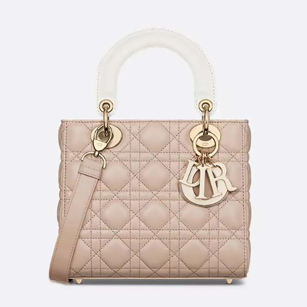 Front view of Dior Women Small Lady Dior Bag two-tone beige and latte