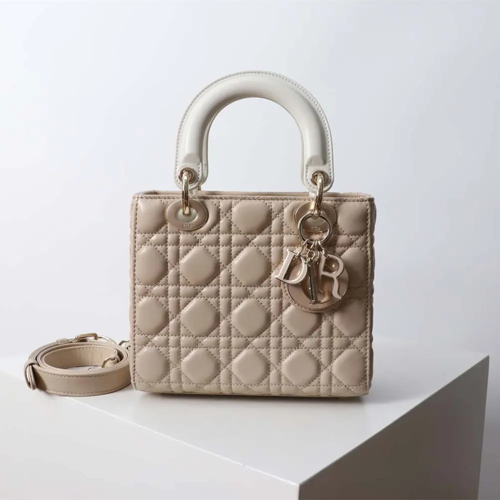 Close-up detail of Cannage lambskin stitching on Lady Dior bag