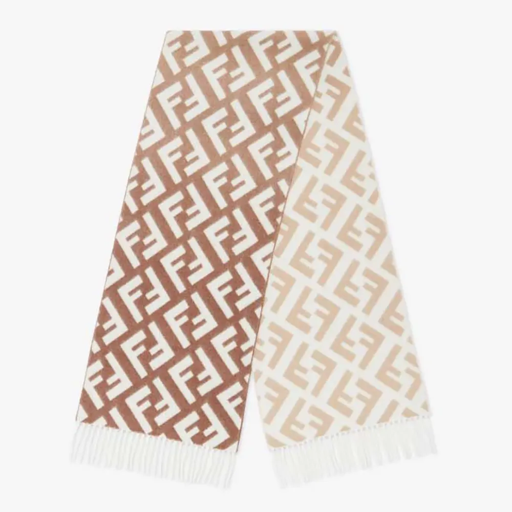 Front view of Fendi Unisex FF Scarf Beige Wool and Cashmere Scarf draped