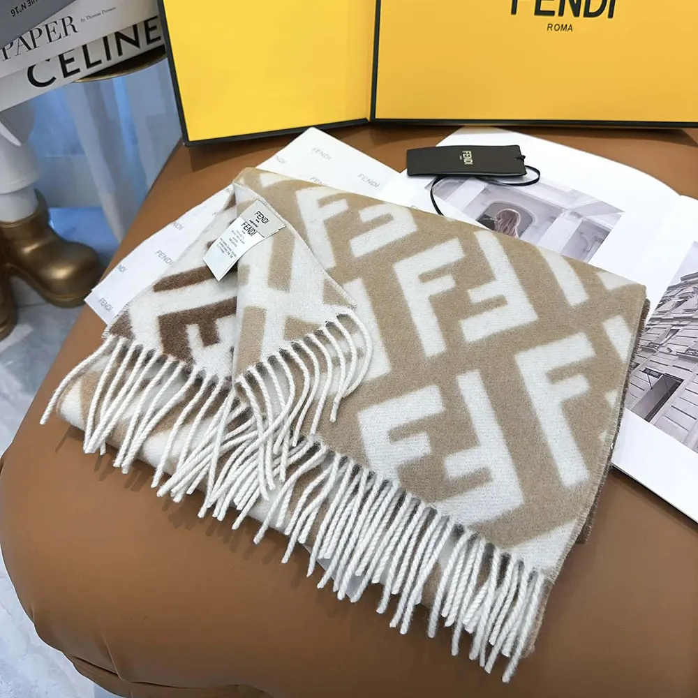 Fendi Unisex FF Scarf Beige Wool and Cashmere Scarf - image 7