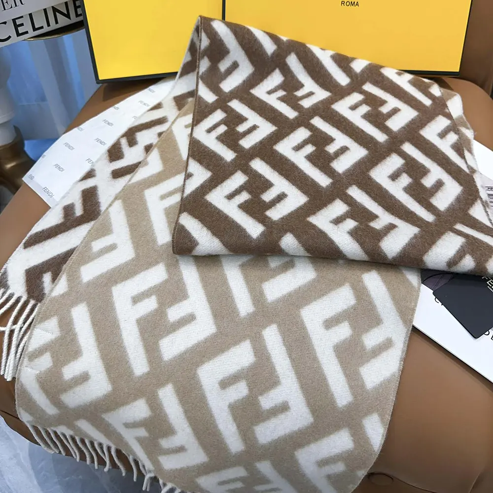 Fendi Unisex FF Scarf beige wool and cashmere folded showing texture