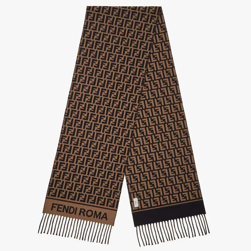 Fendi Unisex FF Scarf Brown Wool and Cashmere Scarf folded flat showing logo pattern