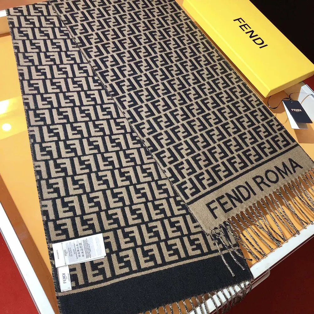 Close-up of Fendi Unisex FF Scarf brown wool and cashmere fabric texture