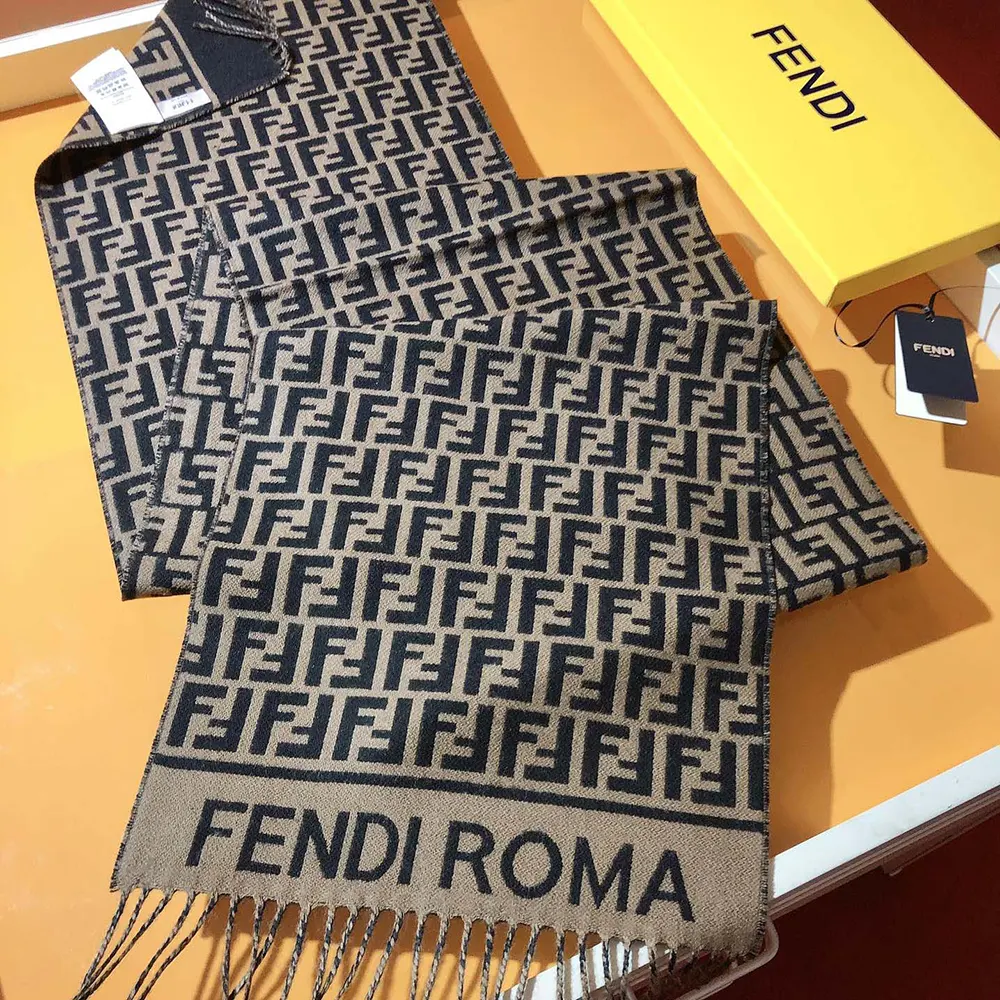 Fendi Unisex FF Scarf brown wool and cashmere worn draped over coat collar