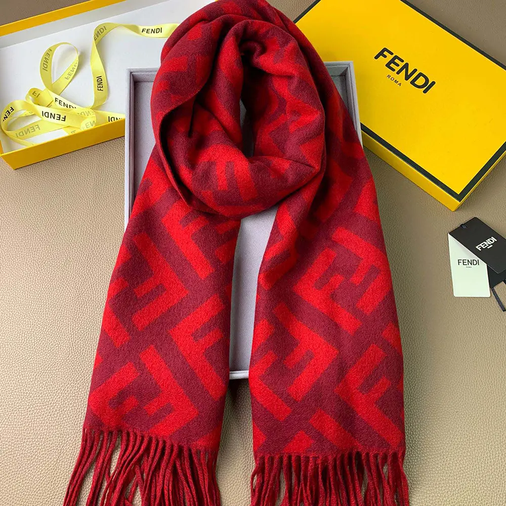 Close-up of red cashmere texture and FF logo on Fendi Unisex FF Scarf