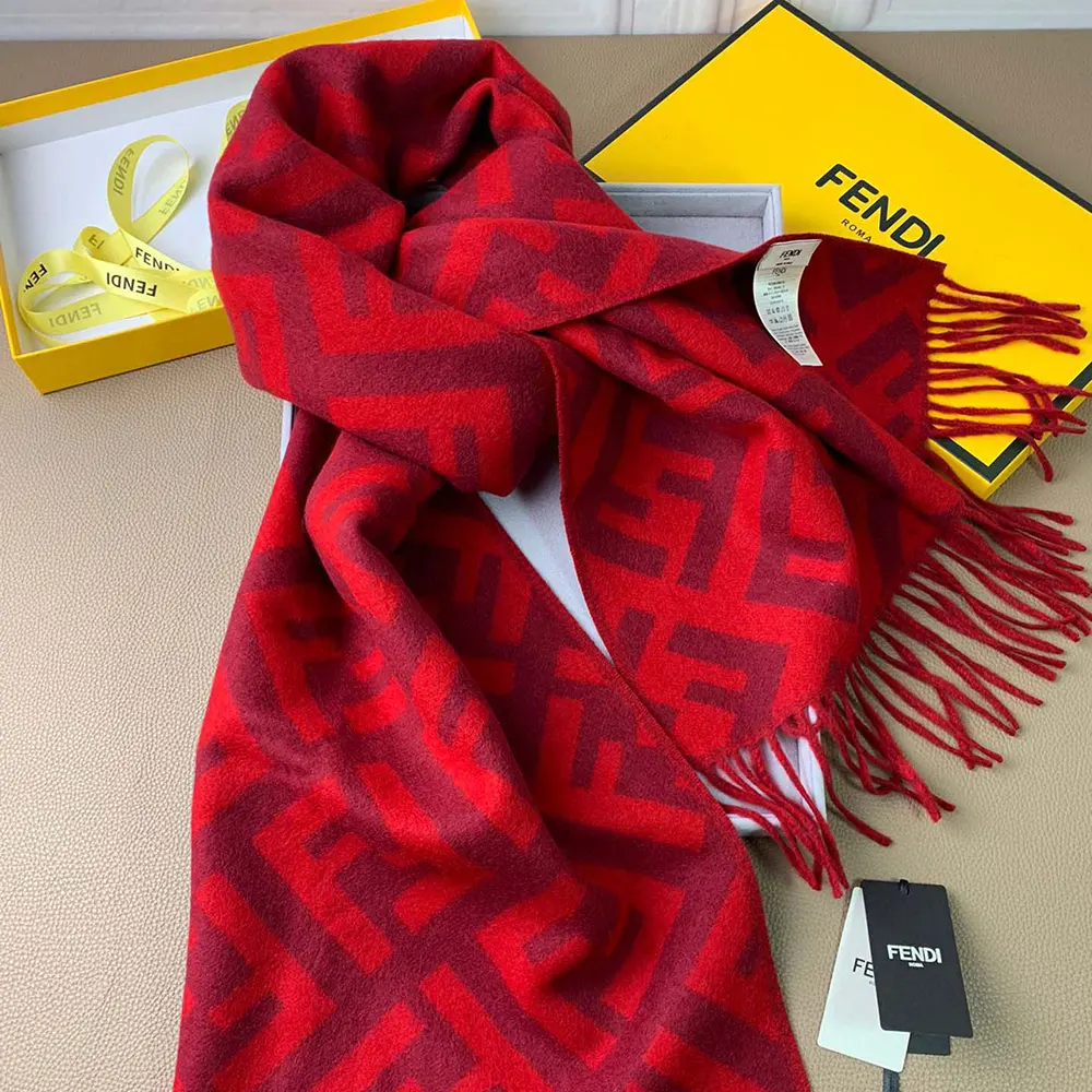 Side angle of Fendi Unisex FF Scarf Red Cashmere Scarf draped over shoulder
