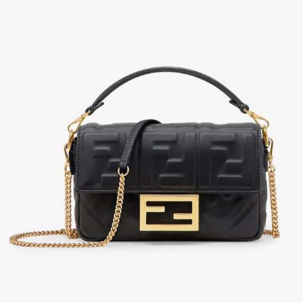 Front view of Fendi Women Baguette Mini Black Nappa Leather Bag with FF Motif