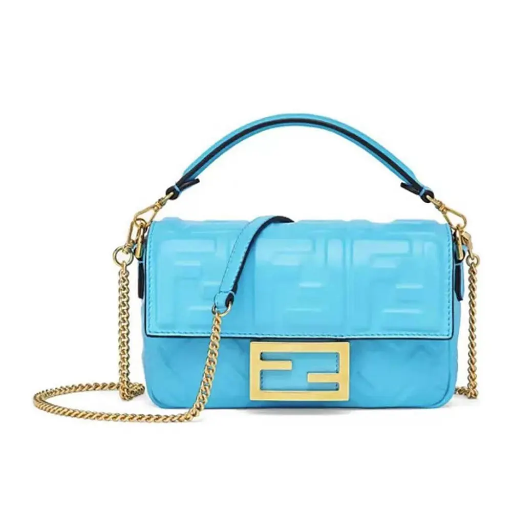 Front view of Fendi Women Baguette Mini Blue Nappa Leather Bag with FF Motif