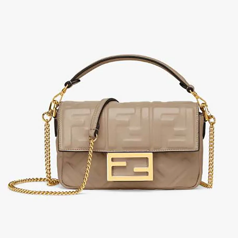Front view of Fendi Women Baguette Mini Dove Gray Nappa Leather Bag with FF Motif
