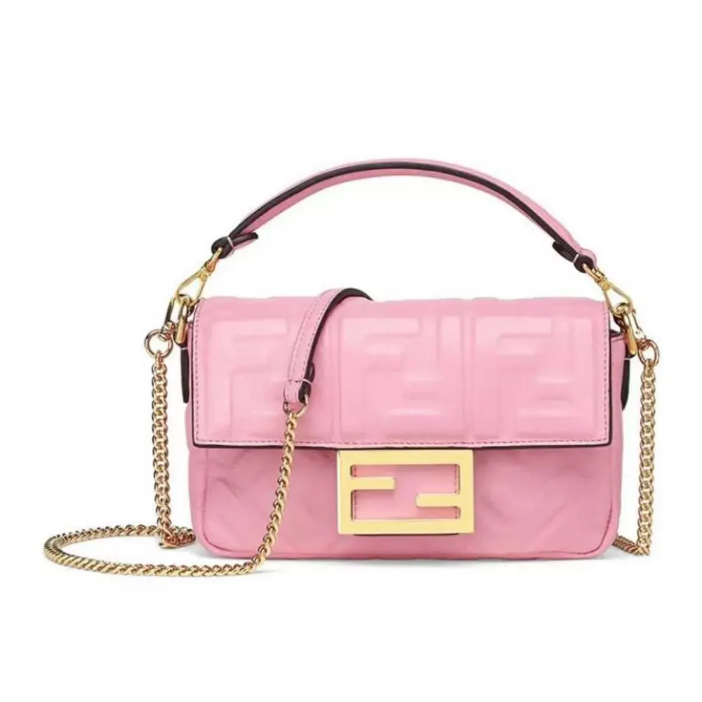 Front view of Fendi Women Baguette Mini Pink Nappa Leather Bag with FF Motif