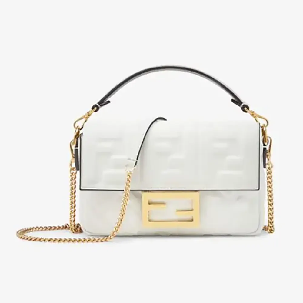 Front view of Fendi Women Baguette Mini White Nappa Leather Bag with FF Motif