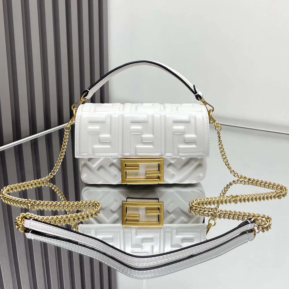 Close-up of gold-tone FF motif hardware on Fendi Women Baguette Mini Bag
