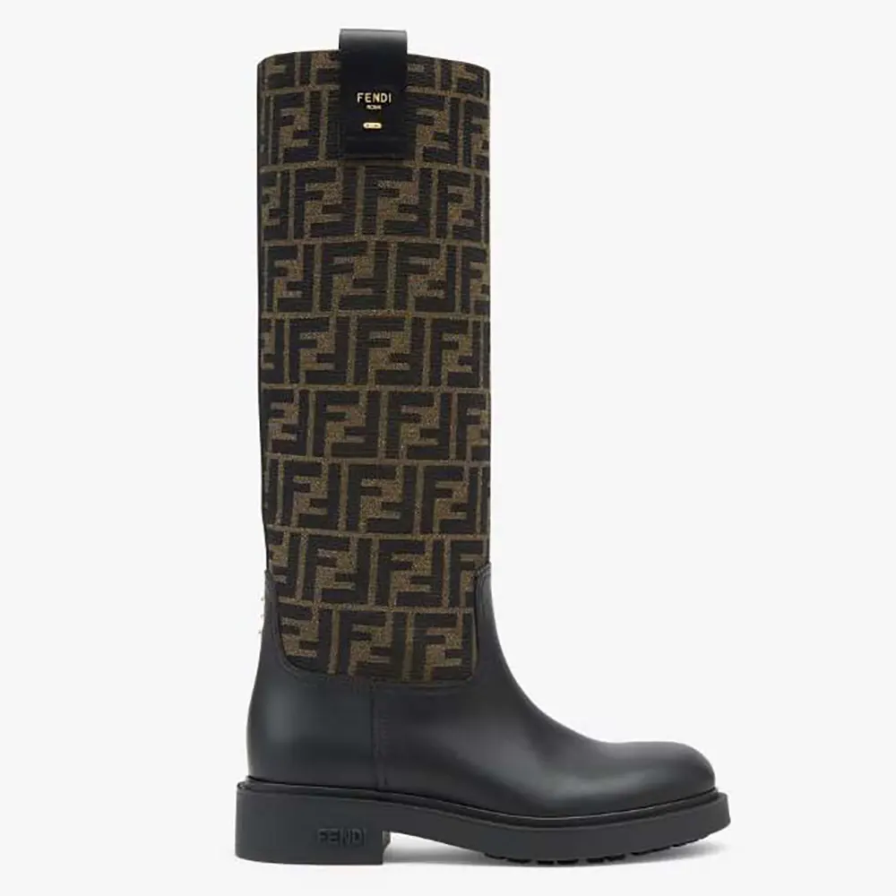 Side view of Fendi Women Filo Black Leather and Brown FF Fabric Boots