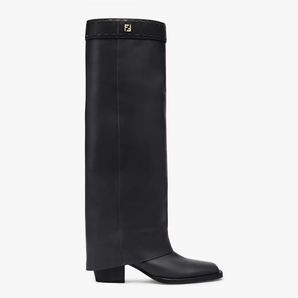 Side view of Fendi Women Show Black Leather High-heeled Boots