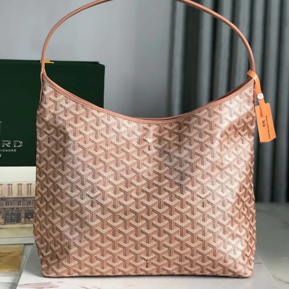 Side profile of Goyard Unisex Bohème Hobo bag-Pearly Coral with leather trim