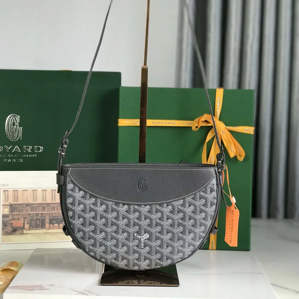 Close-up of Goyard Unisex Hirondelle Bag-Grey signature coated canvas