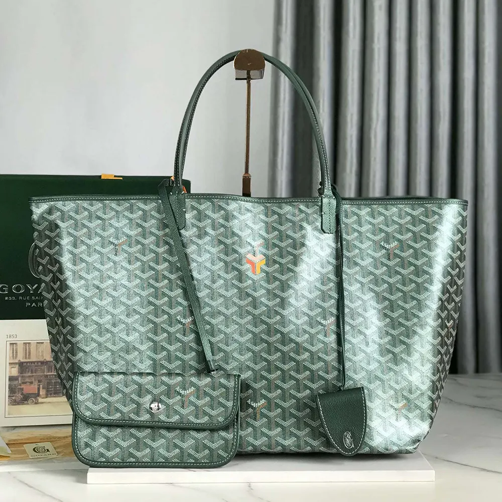 Close-up detail of pearly green Goyard Saint Louis GM brass hardware