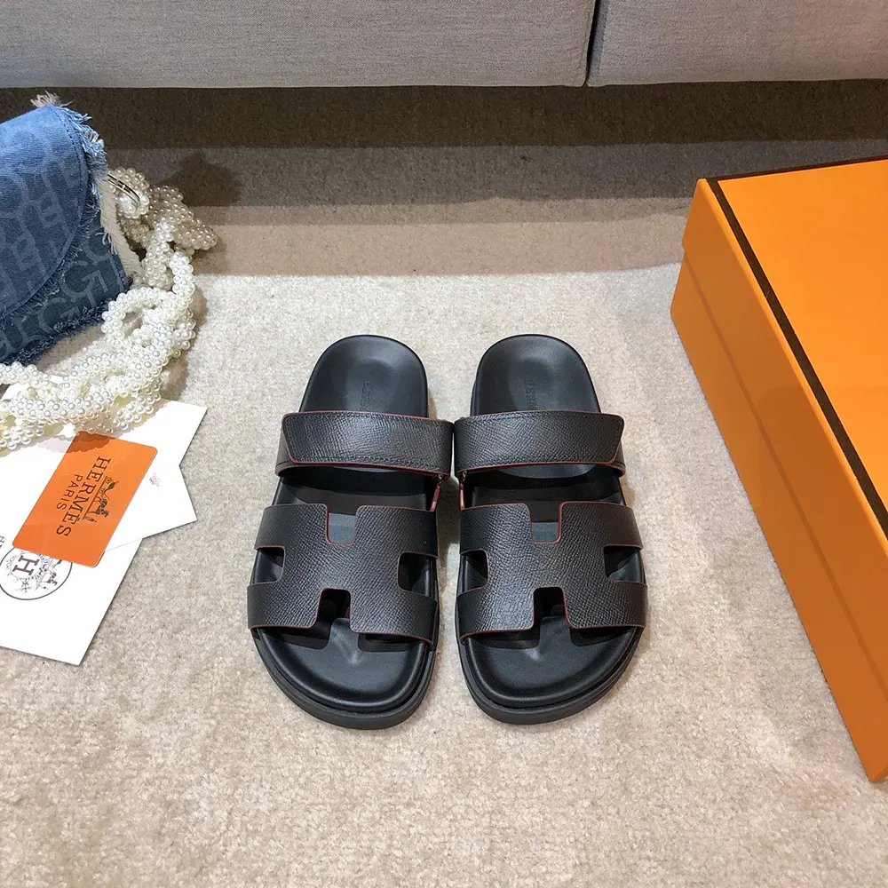 Top view of Hermes Unisex Chypre Sandal-Black leather strap design