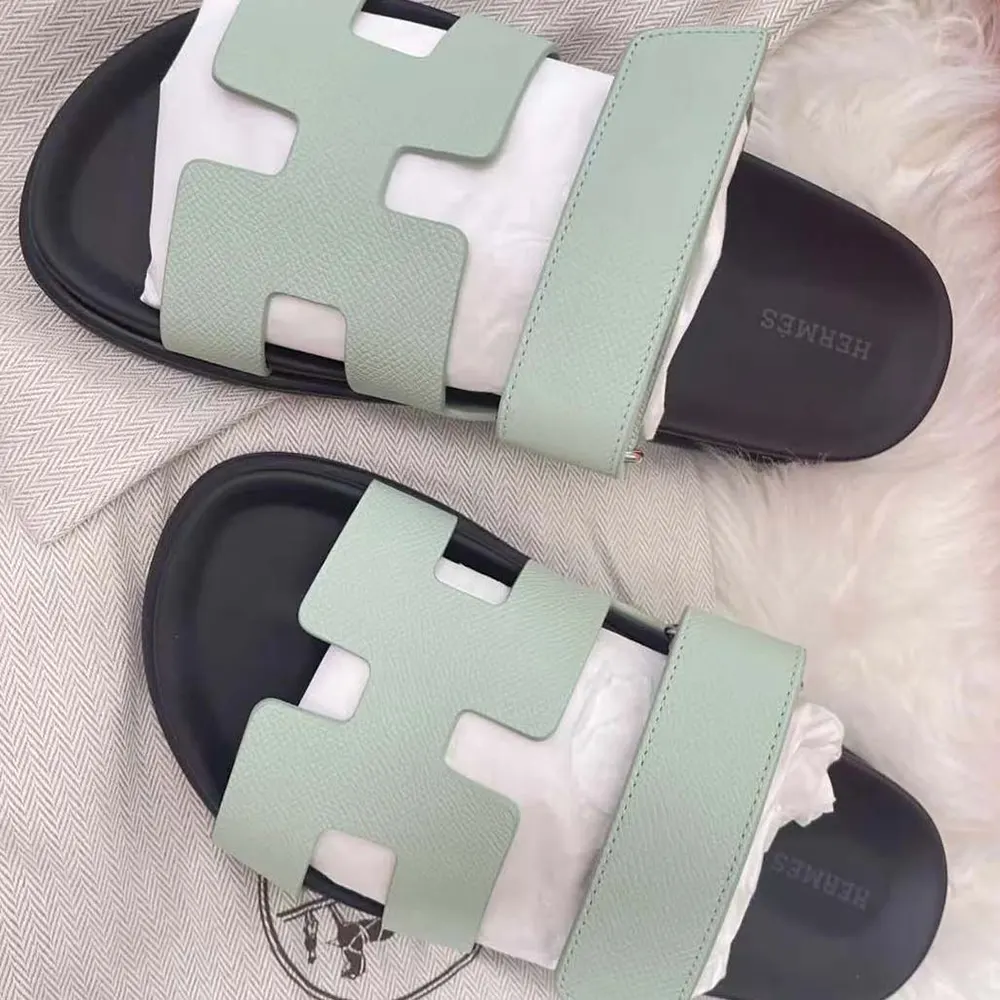 Top-down view showing elegant silhouette of Hermes Unisex Chypre Sandal-Light Green