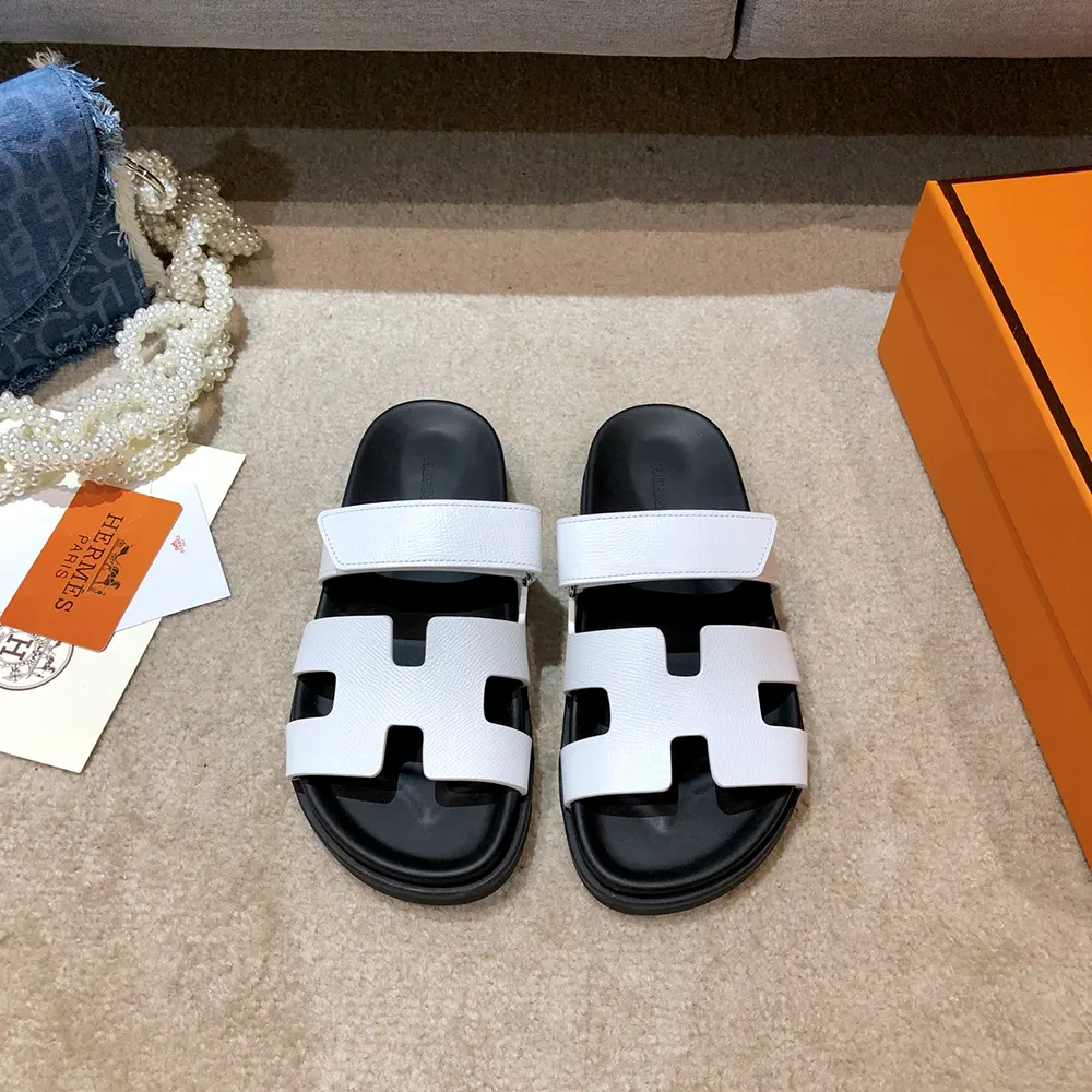 Top-down view of Hermes Unisex Chypre Sandal-White highlighting open-toe design