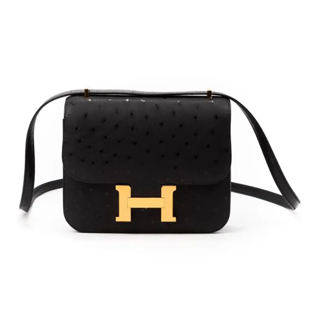 Front view of Hermes Women Constance 19 Bag Nata Ostrich Leather-Black with gold clasp