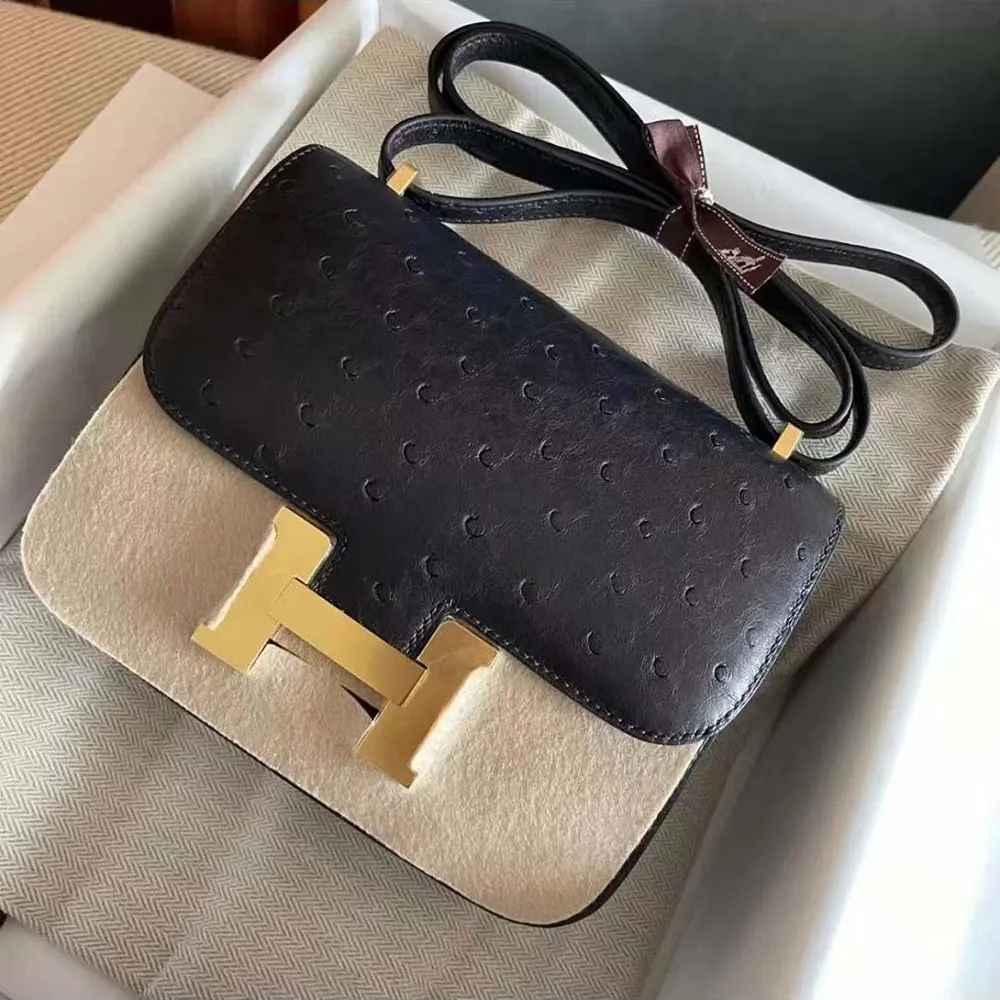 Close-up detail of gold H clasp on Hermes Women Constance 19 Bag Nata Ostrich Leather-Black