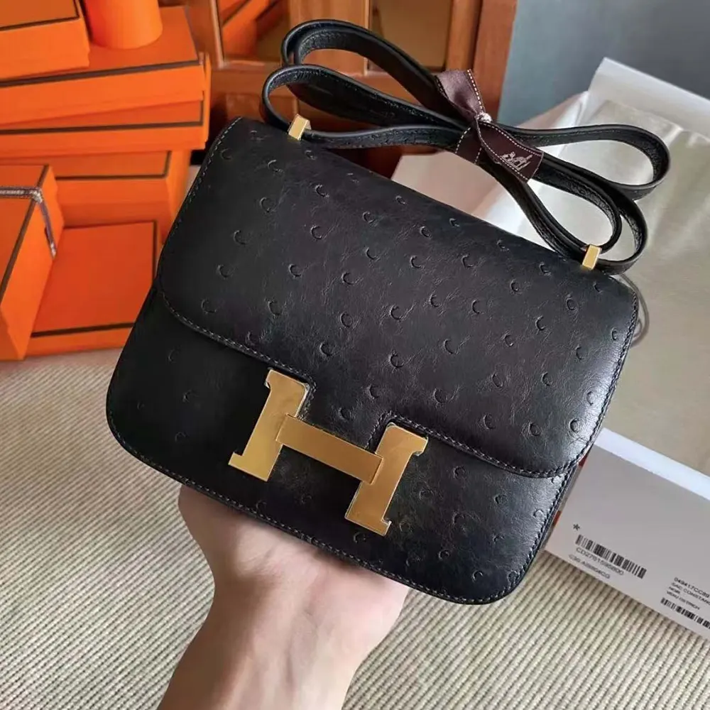Hermes Women Constance 19 Bag Nata Ostrich Leather-Black/Gold - image 5