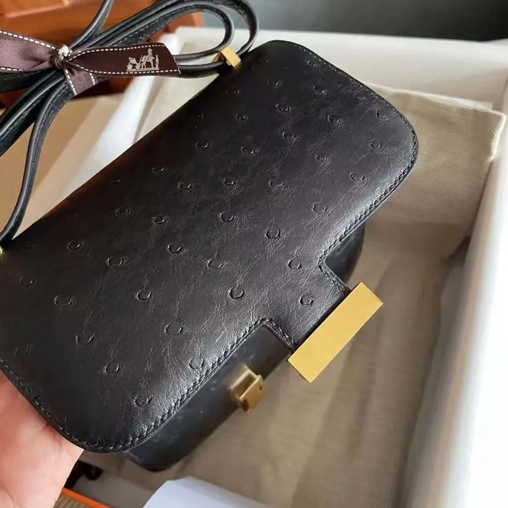 Hermes Women Constance 19 Bag Nata Ostrich Leather-Black/Gold - image 9