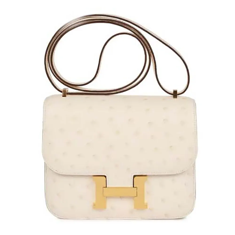 Front view of Hermes Women Constance 19 Bag Nata Ostrich Leather-White/Gold