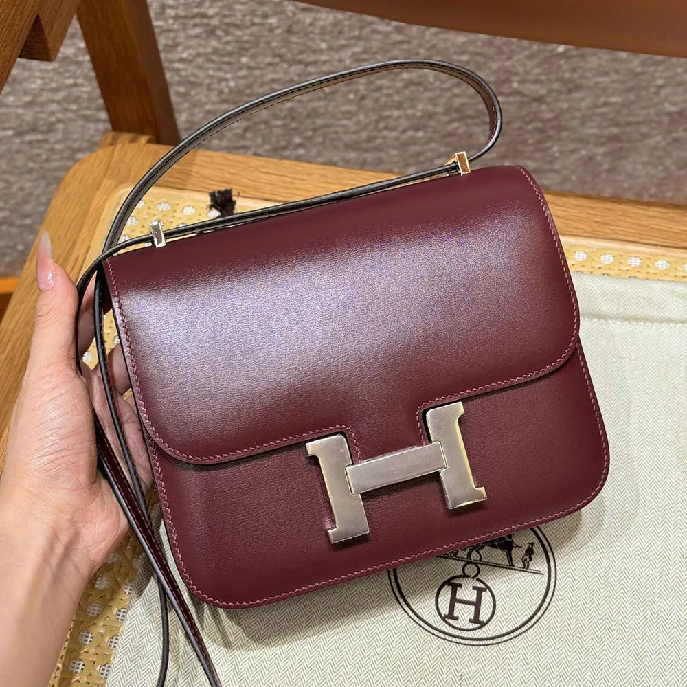 Close-up detail of silver ‘H’ clasp on Hermes Women Constance 24 Bag