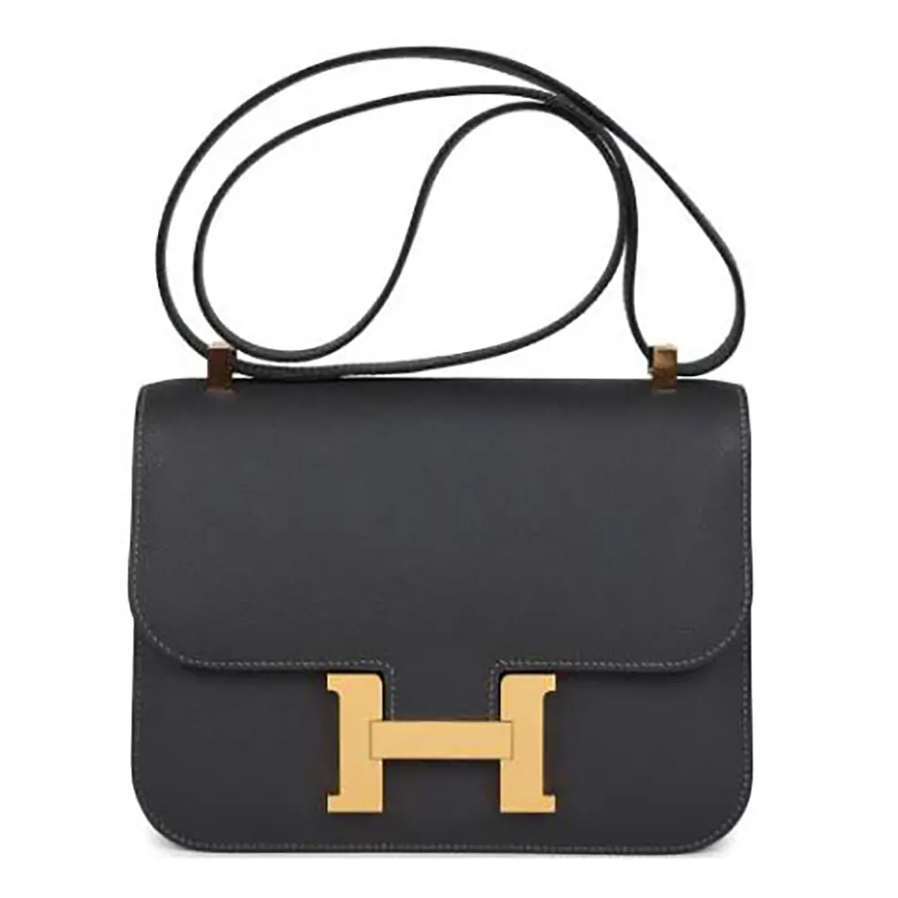 Front view of Hermes Women Constance 24 Bag Epsom Leather-Black with gold clasp