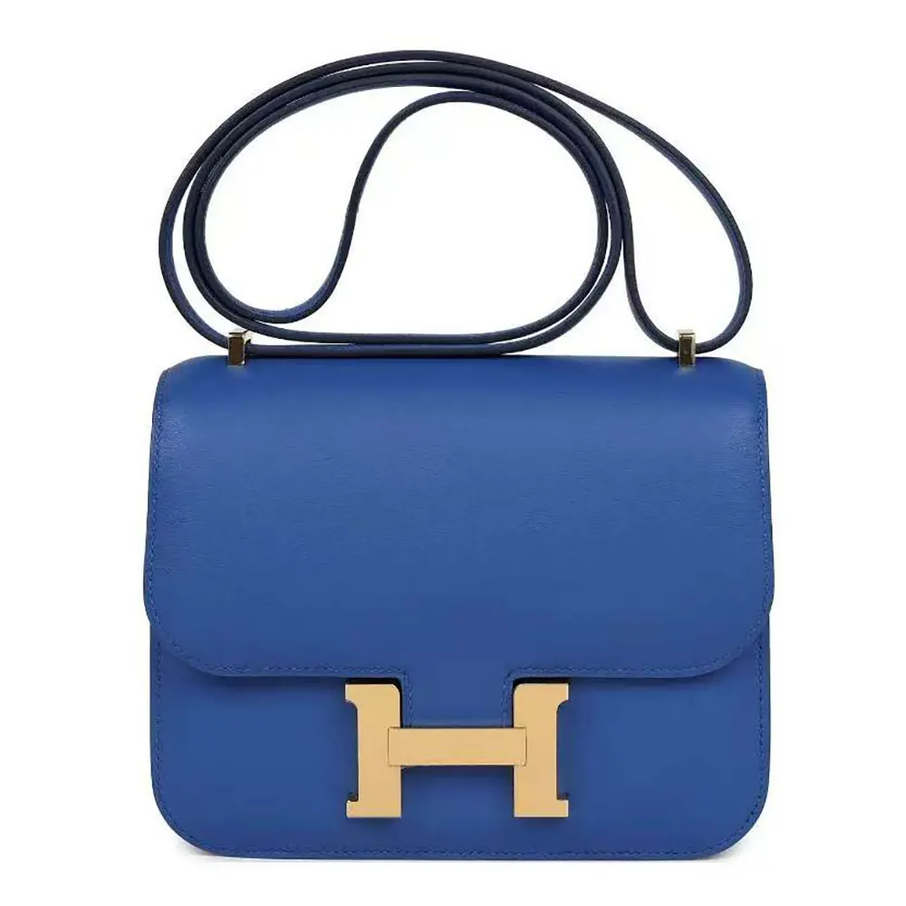 Front view of Hermes Women Constance 24 Bag Epsom Leather-Blue with gold clasp