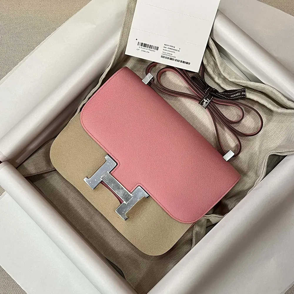 Close-up of silver H clasp on Hermes Women Constance 24 Bag