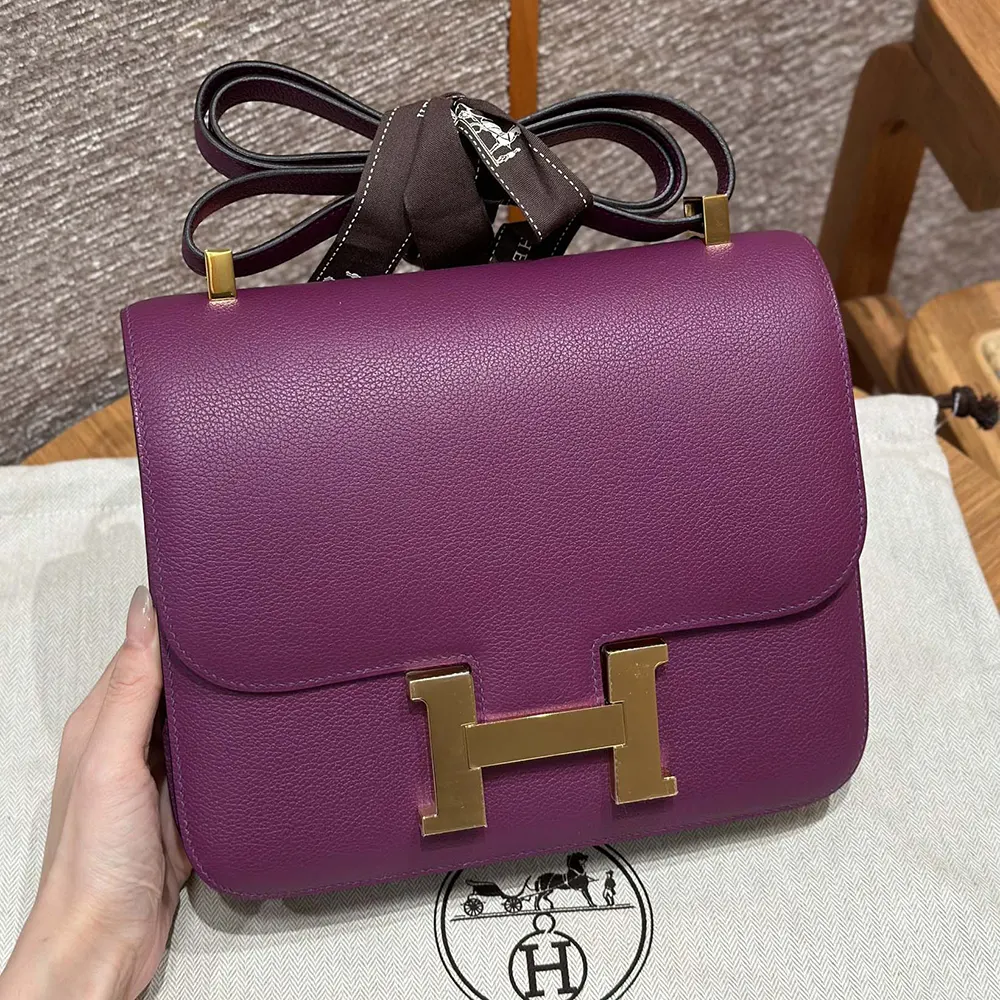 Close-up of gold 'H' clasp on Hermes Women Constance 24 Bag