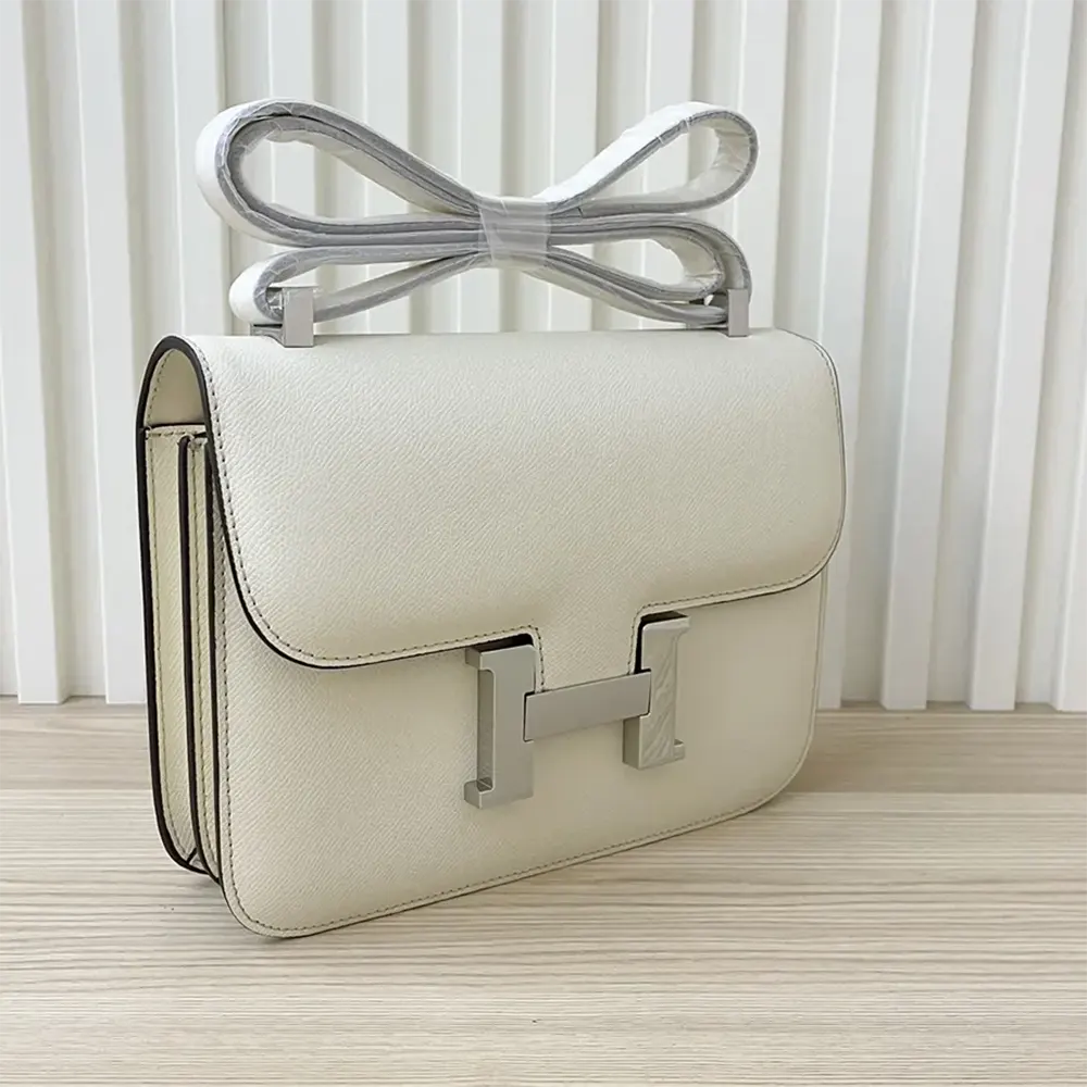 Close-up on silver 'H' clasp of Hermes Women Constance 24 Bag