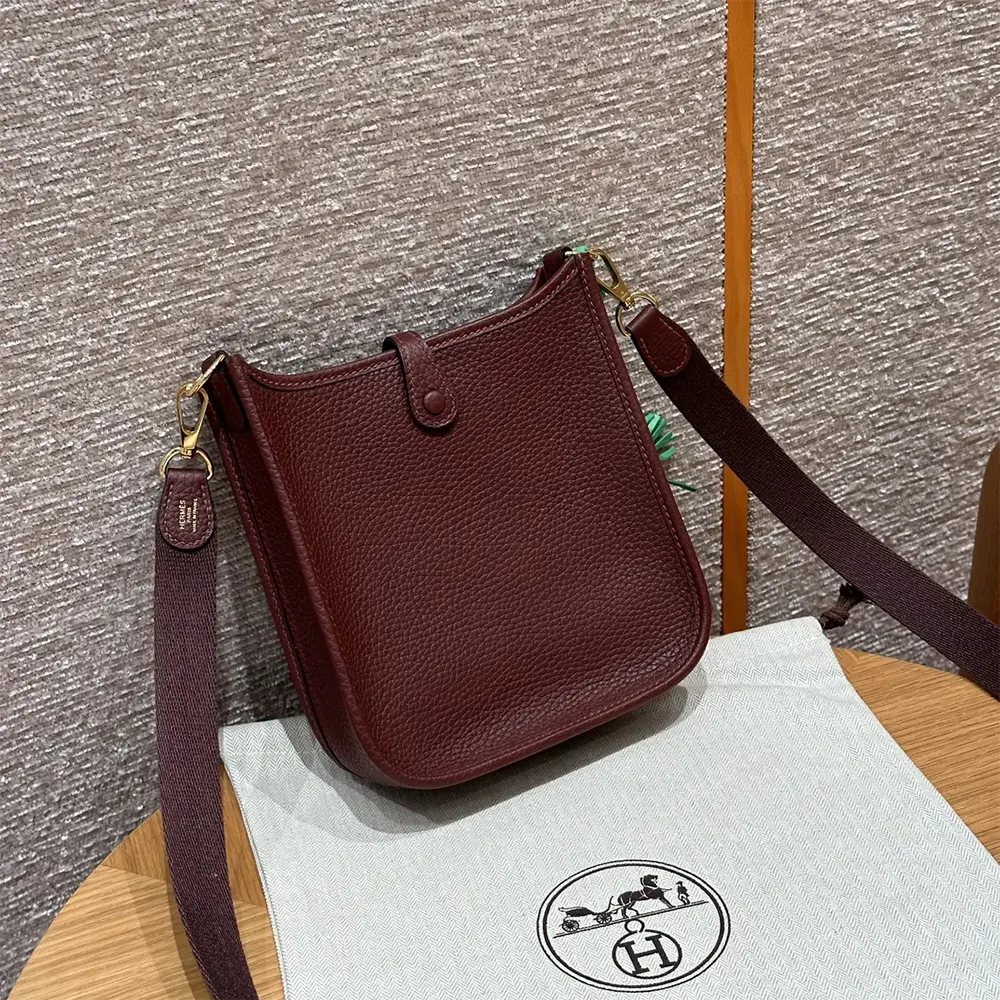 Side profile showing adjustable crossbody strap of Hermes Evelyne 16 Amazone
