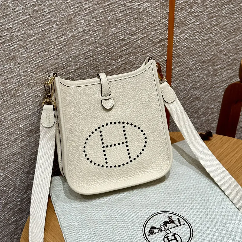 Close-up of gold hardware and perforated H on Evelyne 16 Amazone bag