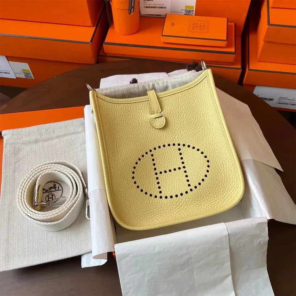 Close-up of silver hardware and perforated H on Hermes Evelyne 16 Amazone