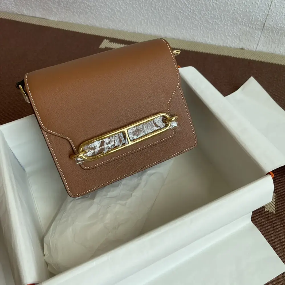 Side angle showing brown Evercolor calfskin texture Hermes Women Roulis Mini Bag