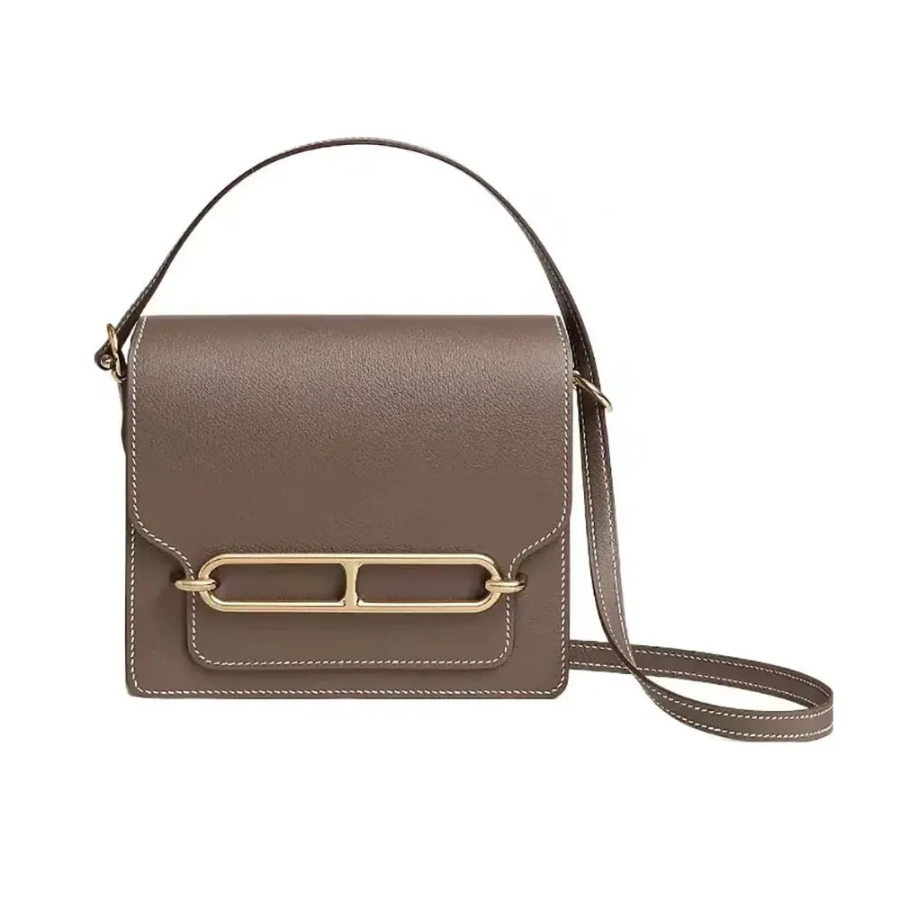 Front view of Hermes Women Roulis Mini Bag in Evercolor Calfskin-Gray/Gold