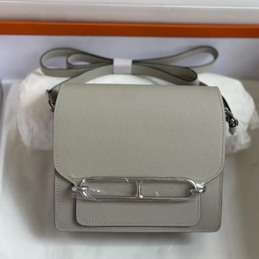 Close-up of silver hardware on Hermes Women Roulis Mini Bag